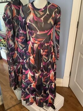 Sheer Long-Sleeve Midi Dress in Multicolor Abstract Leaf Print